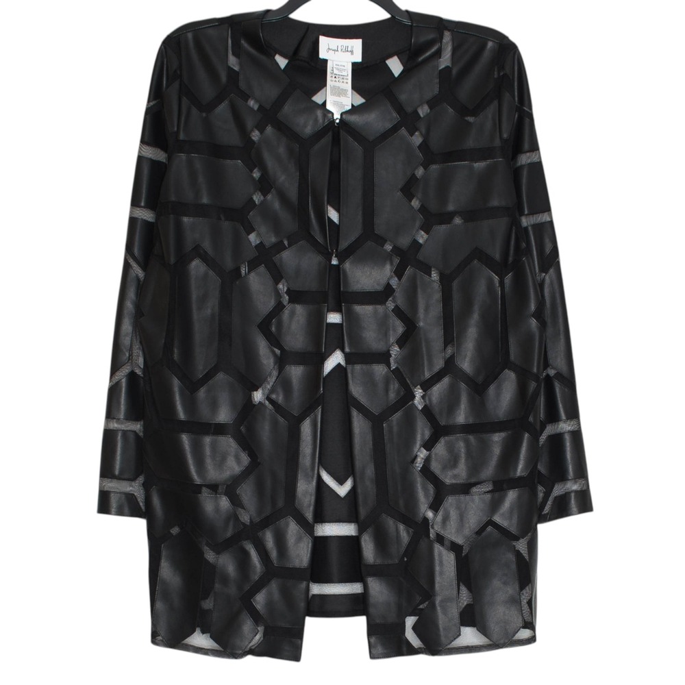 Joseph Ribkoff Longline Jacket Faux Leather Mesh Art To Wear Statement Black XXL